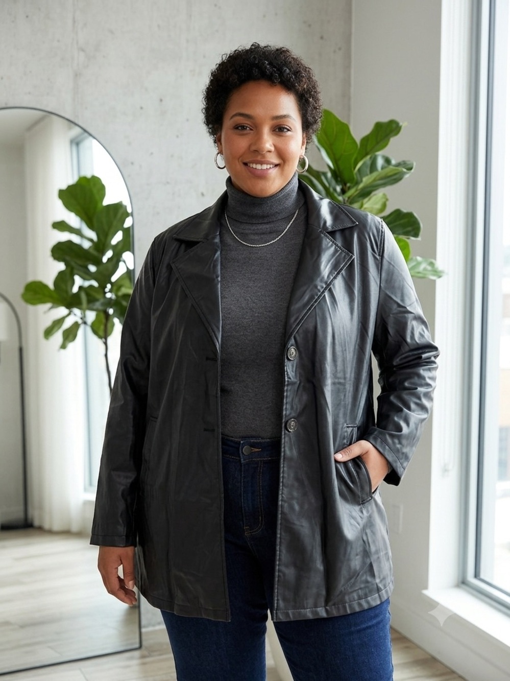Black Faux Leather Button-Front Coat✨